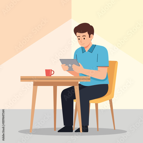 Casual Man Engaging With Digital Tablet At Wooden Table, Coffee Cup Adjacent
