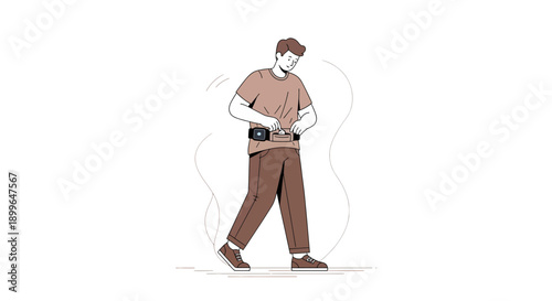 Casual Man Adjusting Gear For Outdoor Activity