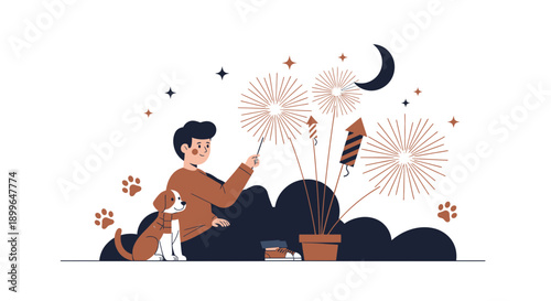 Celebration Night With Dog And Fireworks Display Minimalist Style