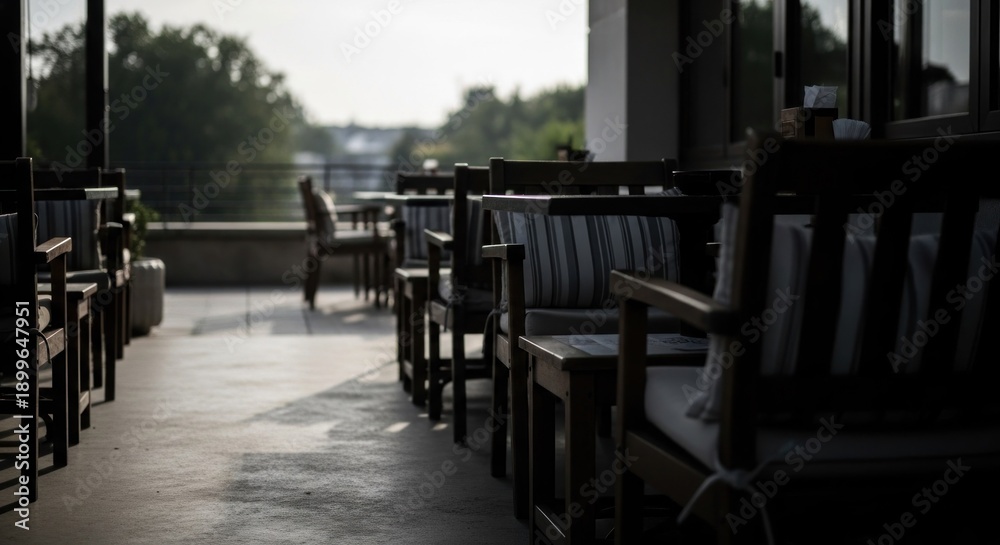 Fototapeta premium Outdoor dining area with wooden chairs and striped cushions, overlooking a blurred landscape