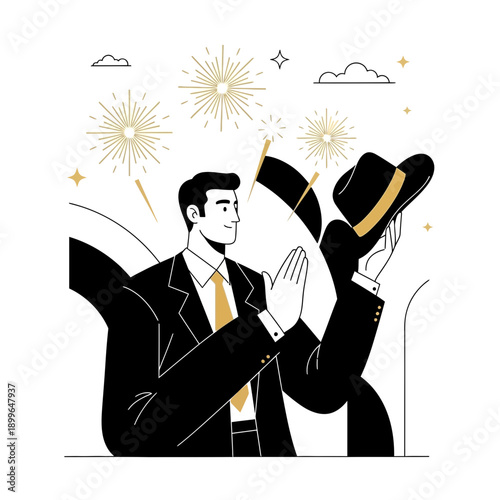 Celebratory Man In Suit With Hat And Fireworks Display Illustration