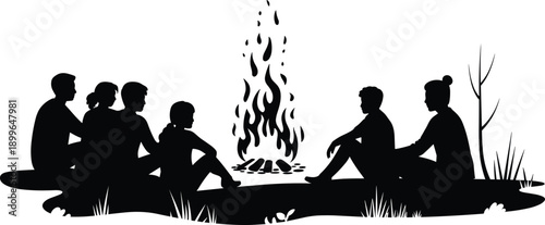 Friends around campfire silhouettes, people sitting outdoors at night, camping trip gathering scene, nature adventure storytelling vector illustration