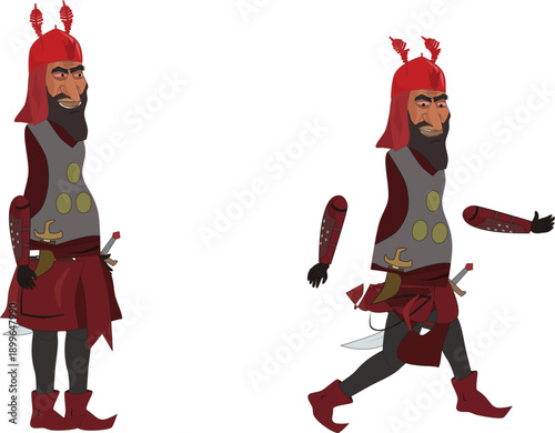 Two cartoon viking warriors red armor helmets axes side view strong fierce characters isolated on white great for history norse warrior battle illustration vector clipart designs.