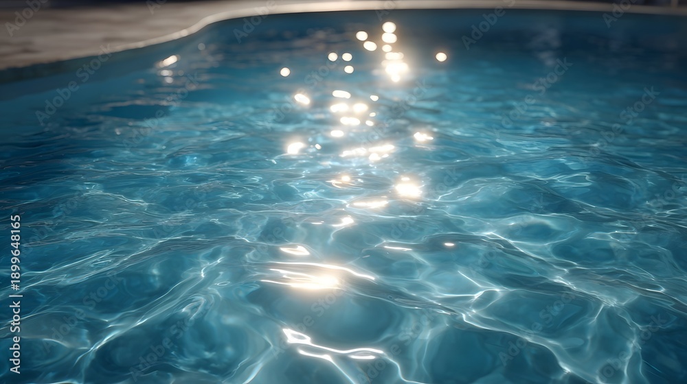 Fototapeta premium Tranquil blue water surface of a swimming pool illuminated by bright shimmering light reflections creating a serene atmosphere