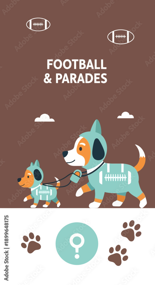 Fototapeta premium Charming Canine Duo in Football Attire Marching Along a Parade Route Under Cloudy Skies
