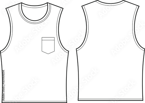 Men sleeveless tank top with chest pocket, front and back view, round neck casual shirt, CAD drawing, flat vector illustration