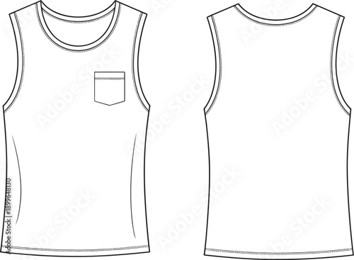 Men sleeveless tank top with chest pocket, front and back view, round neck shirt, CAD drawing, flat vector illustration