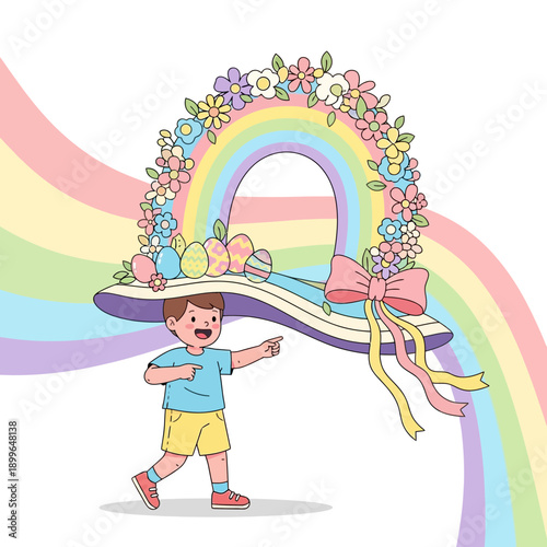 Charming Boy With Easter Hat Decorated With Rainbow And Flowers