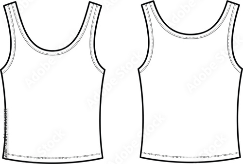 Men sleeveless tank top, front and back view, scoop neck basic undershirt, CAD drawing, flat vector illustration