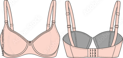 padded underwire bra flat sketch, womens lingerie apparel design, fashion cad drawing, flat vector illustration, technical underwear artwork
