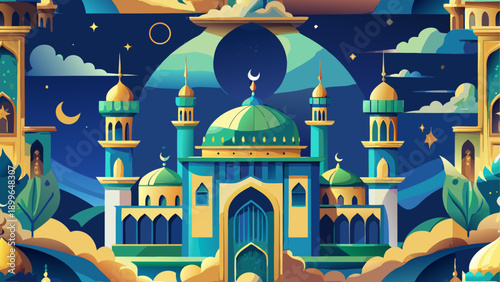 Vibrant isometric mosque architecture with geometric patterns