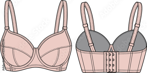 padded underwire bra flat sketch, womens lingerie apparel design, fashion cad drawing, flat vector illustration, technical underwear artwork