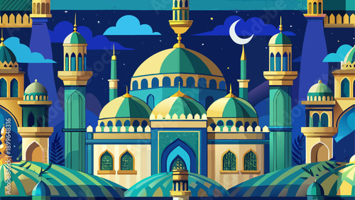 Vibrant cartoon mosque with blue and gold details