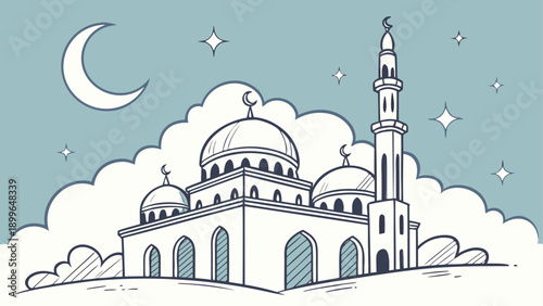 Minimalist mosque illustration with moon and stars
