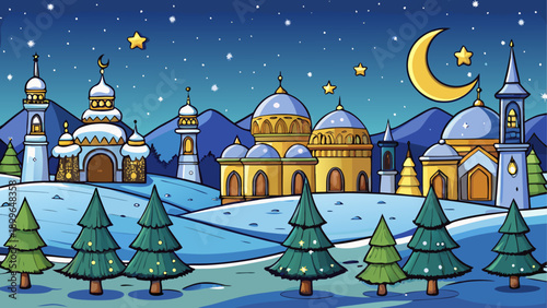 Whimsical winter village with snowy trees and moon