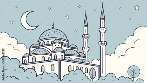 Mosque illustration with minarets and crescent moon