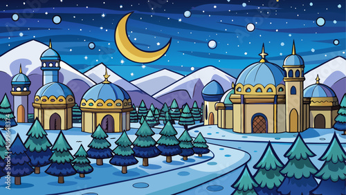 Whimsical winter fantasy landscape with castle and moon
