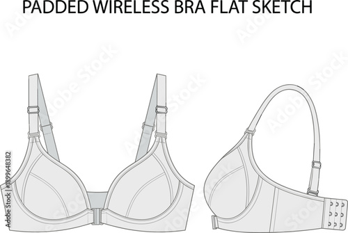 padded wireless bra flat sketch, womens lingerie apparel design, fashion cad drawing, flat vector illustration, technical underwear artwork