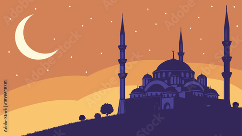 Silhouette of mosque under the moonlight with minimalist landscape