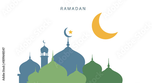 Flat design illustration of a Ramadan mosque silhouette with crescent moon and lantern against a white background, conveying a peaceful and serene mood.