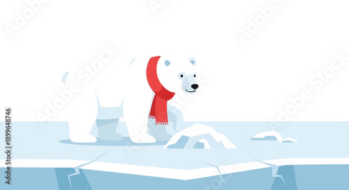 Charming Polar Bear With Red Scarf On Icy Landscape Illustration