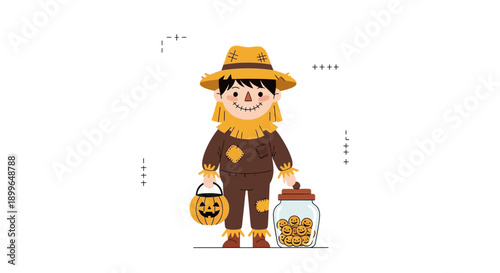 Charming Scarecrow Character Holding Halloween Treats And Candy Jar