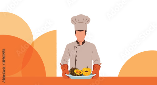 Chef Presenting Delicious Roasted Pumpkins In A Plate