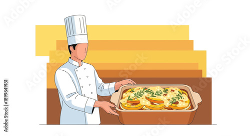 Chef Presenting Deliciously Baked Dish In Tray
