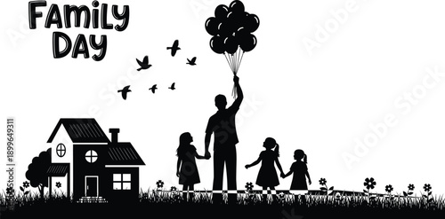 Family Day silhouette illustration of father holding balloons with children near home showing love, unity, and celebration of togetherness on white background vector design