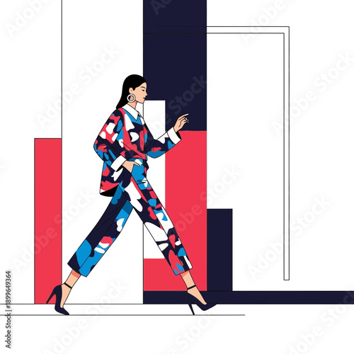Chic Woman Striding Confidently in Bold Geometric Patterned Suit