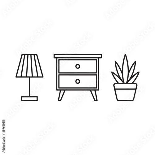 Minimalist line art depicting a bedside table lamp and potted plant