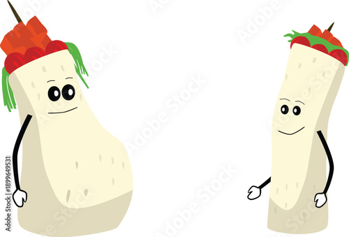 Cute cartoon burrito and kebab food characters smiling happy faces arms legs anthropomorphic fastfood isolated on white perfect for mexican turkish cuisine humor kids illustration vector clipart.