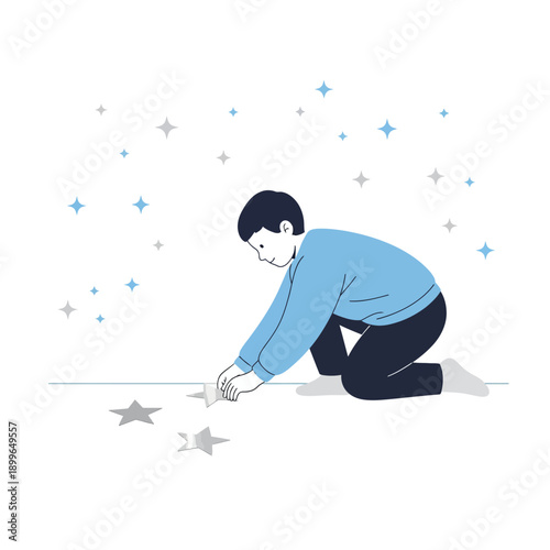 Child Collecting Sparkling Stars from the Ground in a Dreamy Scene
