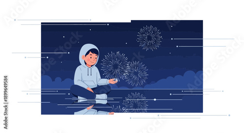 Child Contemplating Fireworks Reflected on Water Surface