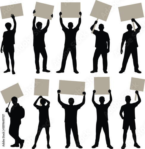 Silhouettes of people holding blank protest signs, demonstration crowd, activism, social movement, public protest, rights advocacy, rally concept background