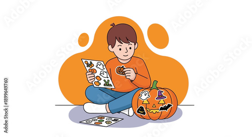 Child Decorating Halloween Pumpkin With Festive Stickers Fun Autumn Activity
