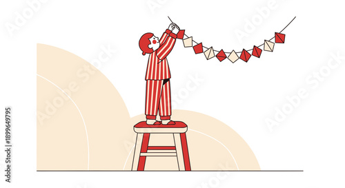 Child Decorating With Geometric Paper Chain Garland