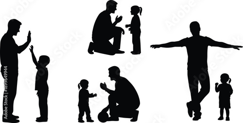 Silhouette set of father and child playing, teaching, and bonding together representing joyful parenting, family interaction, and emotional connection on white background vector illustration