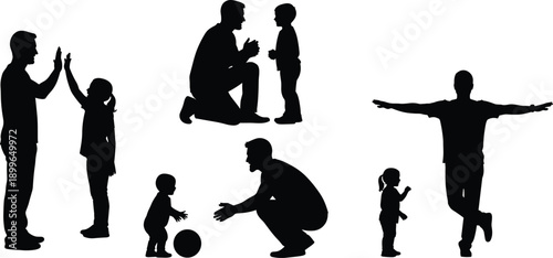 Silhouette collection of fathers and children playing, teaching, and bonding together showing joyful parenting moments and family interaction on white background vector illustration concept