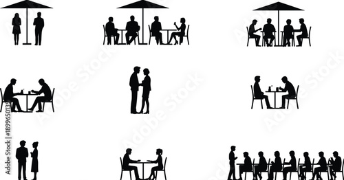 Silhouette people in café and restaurant meeting scenes set, dating, conversation, social interaction, friends gathering, lifestyle concept collection