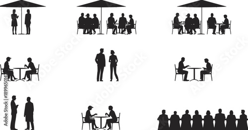Silhouette people in café and outdoor restaurant meeting scenes set, conversation, dating, friends gathering, social interaction, lifestyle concept collection