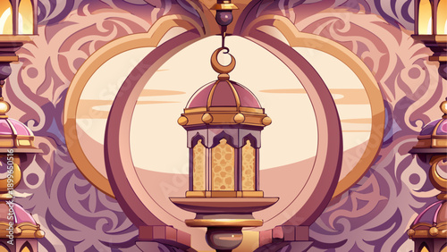 Elegant islamic lantern with floral decorations in gold and beige