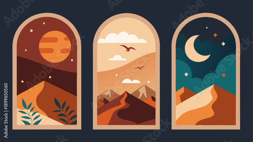 Whimsical mountain landscape with celestial elements