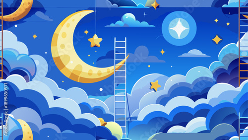 Whimsical night sky with floating moon and stars