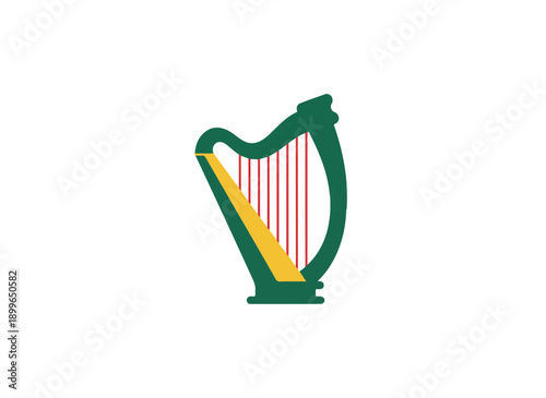 Traditional Celtic harp illustration in green and gold colors. National symbol of Ireland.