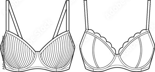 striped lace underwire bra flat sketch, womens lingerie apparel design, fashion cad drawing, flat vector illustration, technical underwear artwork, template