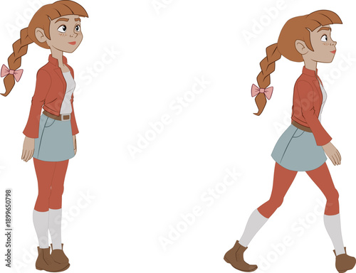 Cartoon young girl red braided hair gray dress walking side view innocent child character isolated on white great for childhood adventure story fairytale illustration vector clipart designs.