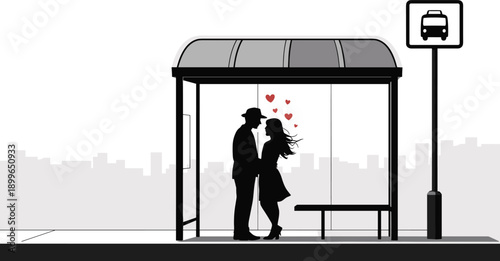 Silhouette couple kissing at bus stop, urban love story, romance, relationship, dating, city lifestyle, public transport background