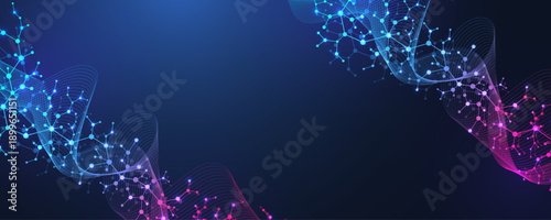 Molecular abstract structure and genetic engineering DNA. Healthcare and medicine background concept. Scientific research background. Wave flow. Innovation pattern. Vector illustration.