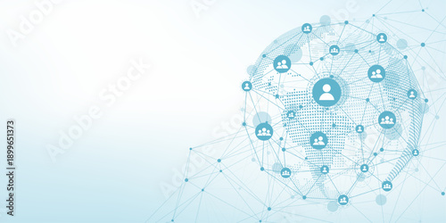 Global network connection concept. Big data visualization. Social network communication in the global computer networks. Internet technology. Business. Science. Vector illustration